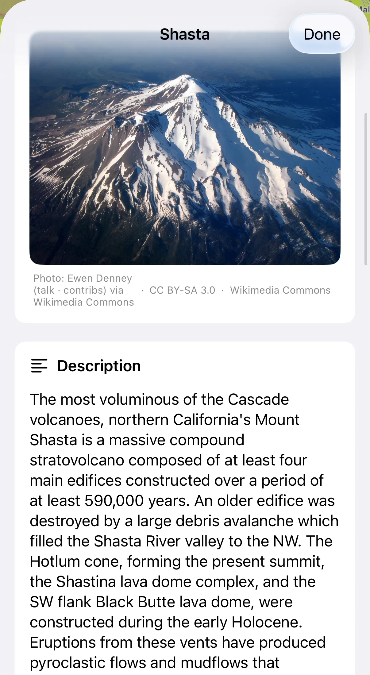 The Mount Shasta point of interest sheet, with a photograph of the mountain and its description