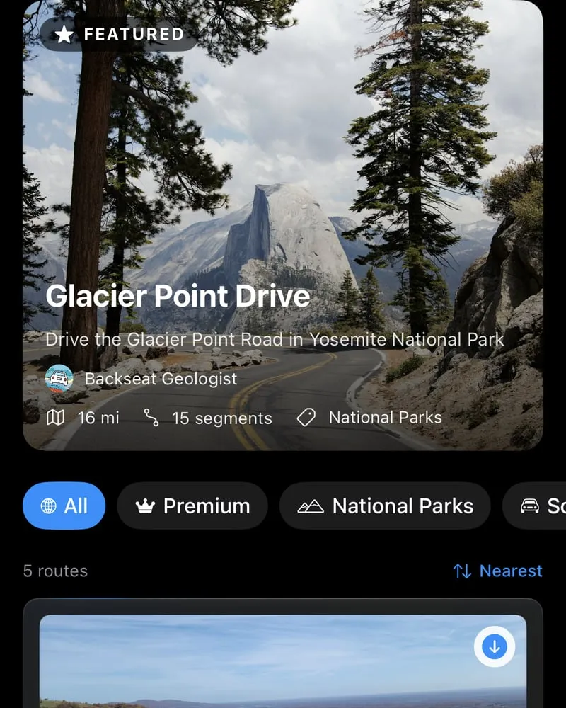 The Discover tab, featuring the Glacier Point Road drive in Yosemite National Park