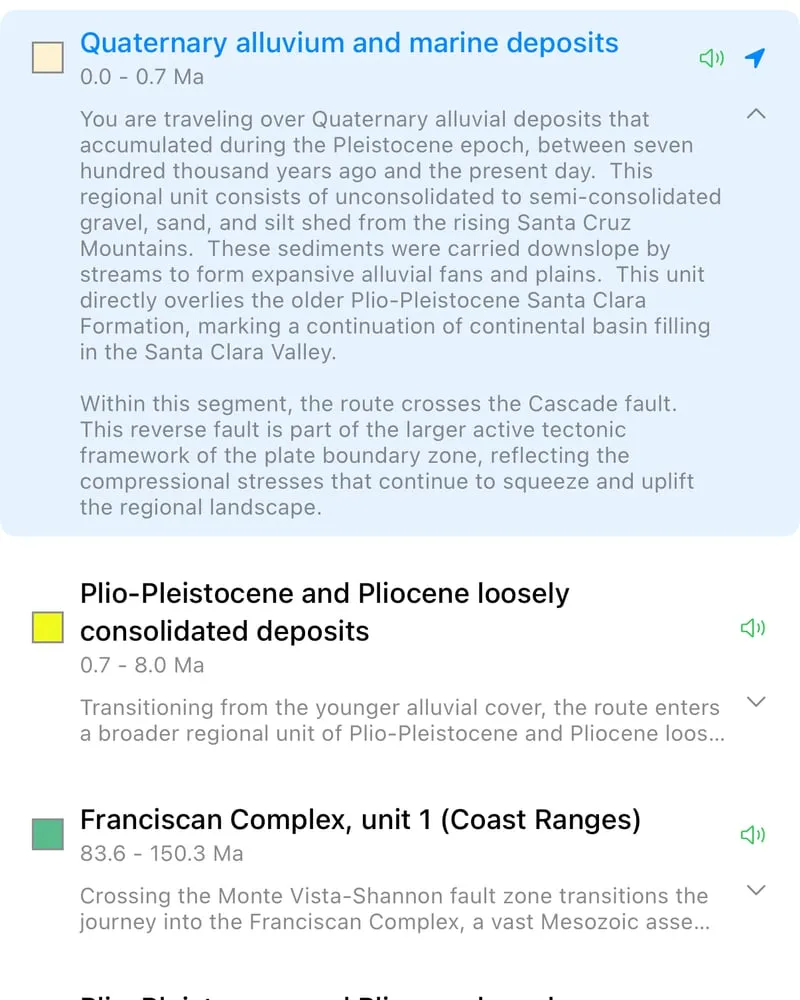 The route overview, open on an Enthusiast-level description of Quaternary alluvium