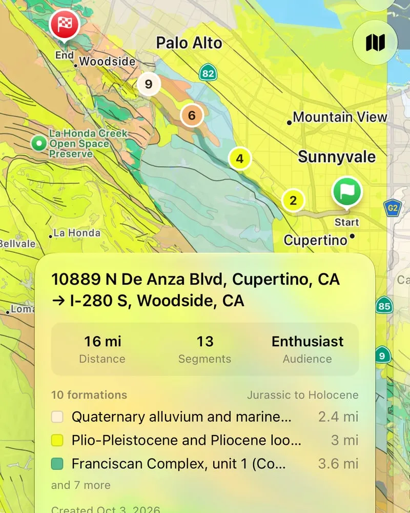 A saved route from Cupertino to Woodside, with its distance, segments and the formations along the way
