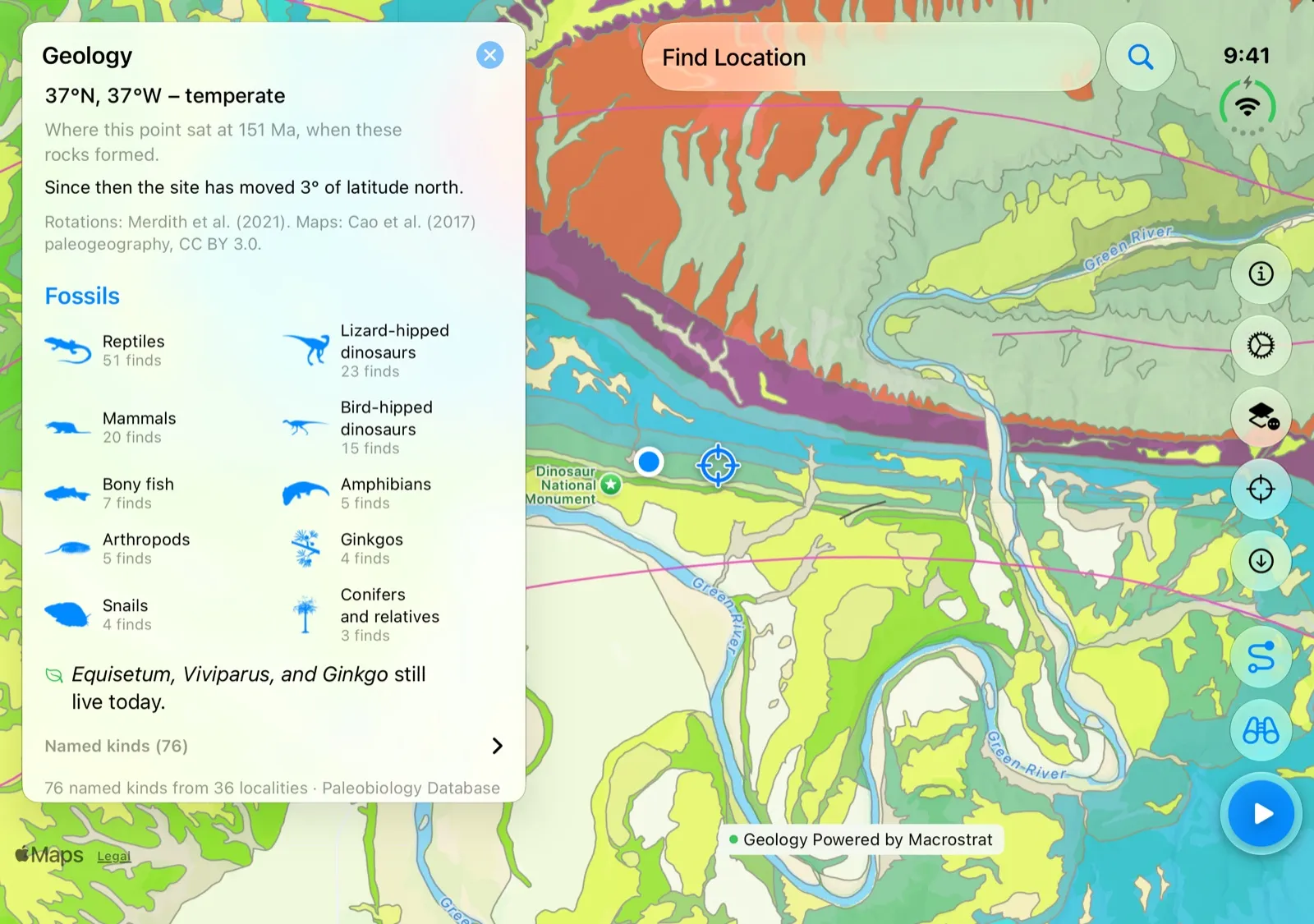 iPhone Duo, unfolded: the geology details for Dinosaur National Monument, with where the site sat 151 million years ago and its fossil list, in a column beside the geologic map of the Green River
