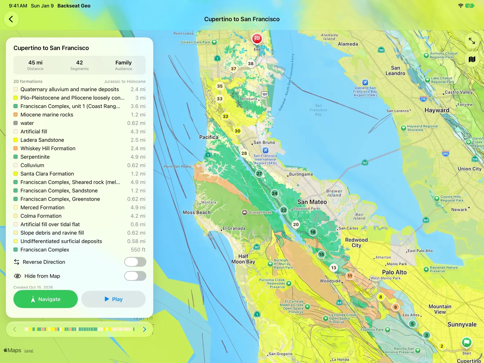 iPad: the Cupertino to San Francisco route, with its list of formations in a sidebar beside a full-height geologic map of the Peninsula