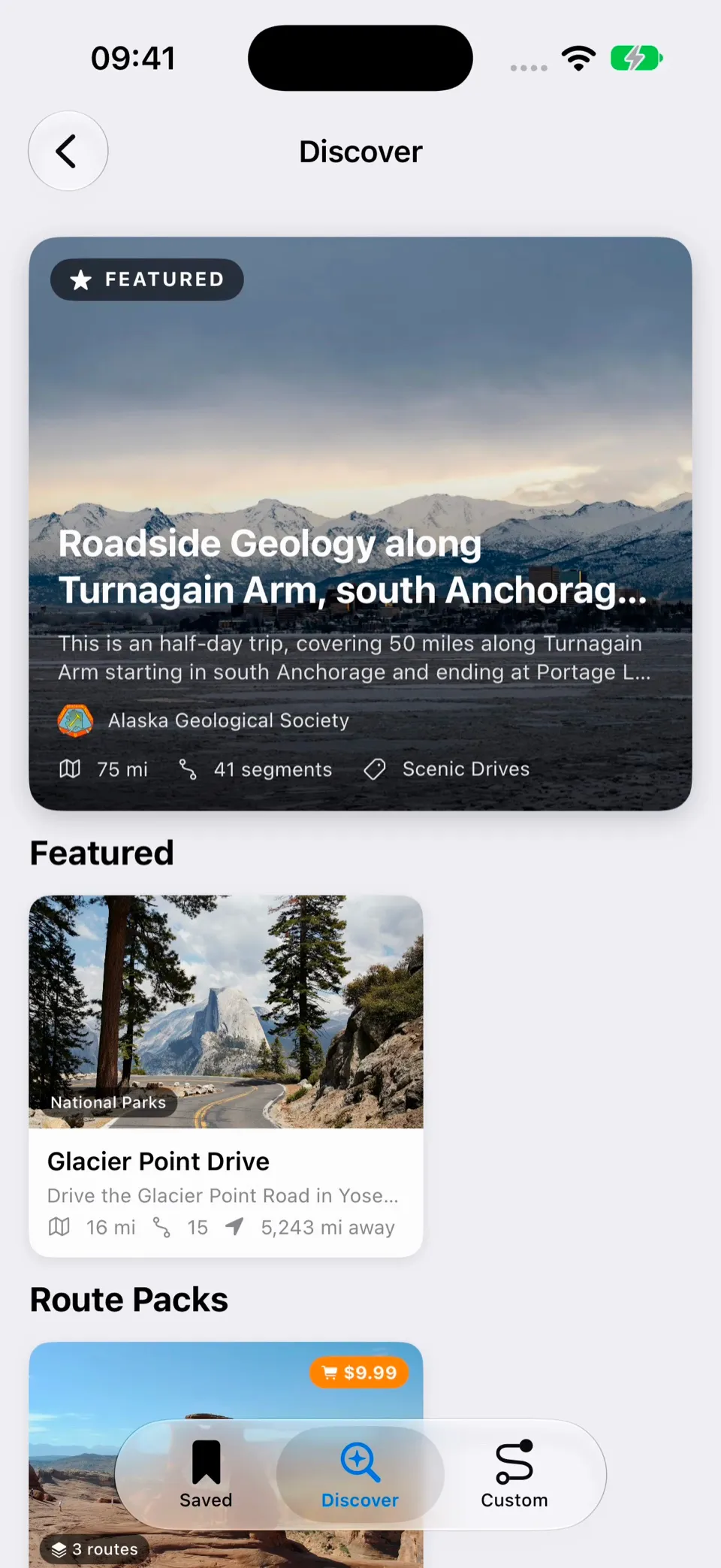 The Discover screen, with a featured Turnagain Arm route from the Alaska Geological Society, Glacier Point Drive, and route packs