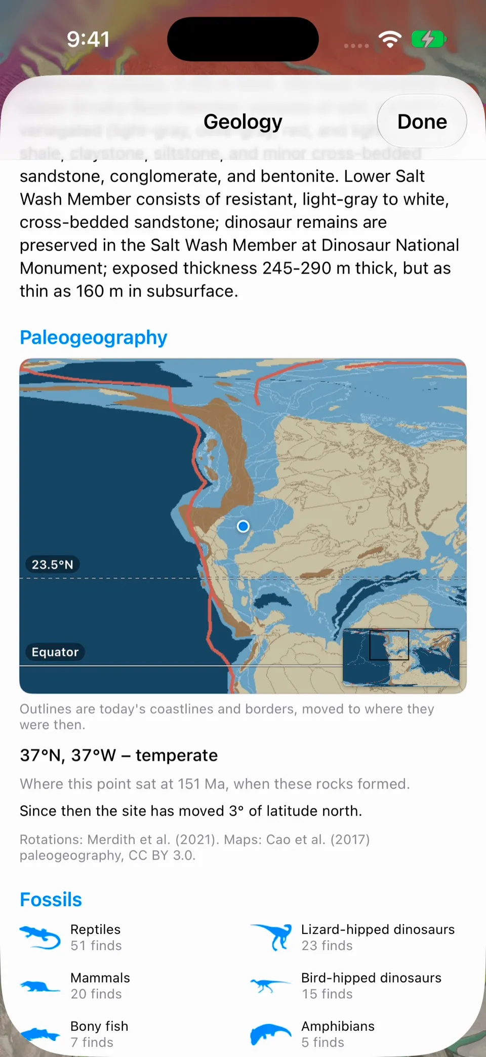 The geology detail page at Dinosaur National Monument, showing where the Morrison Formation sat 151 million years ago and the start of its fossil list