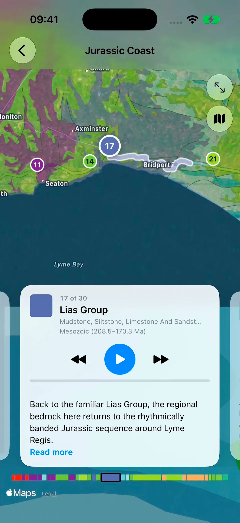 A saved Jurassic Coast route, with the Lias Group segment card over the map and the neighbouring segments on either side